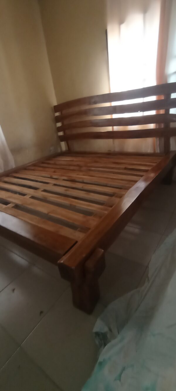 Teak Wood Bed Frame with Curved Slabs Headboard - Image 2