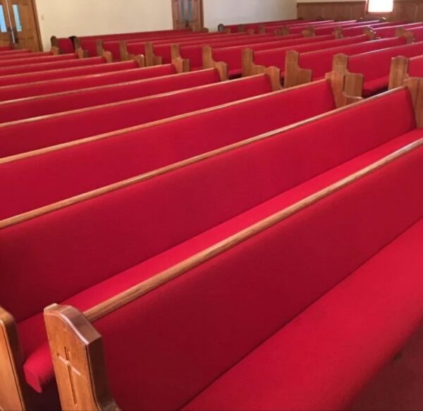 Stylish Red Pew With Padded Seating and Backrest